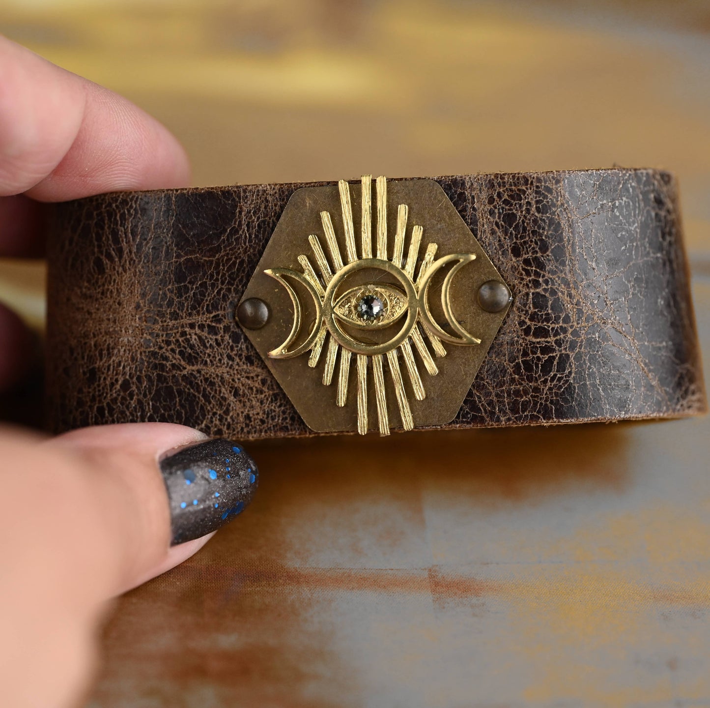 Midsize Cuff w/ Eye Moon & Stone (Weathered Brown Leather)