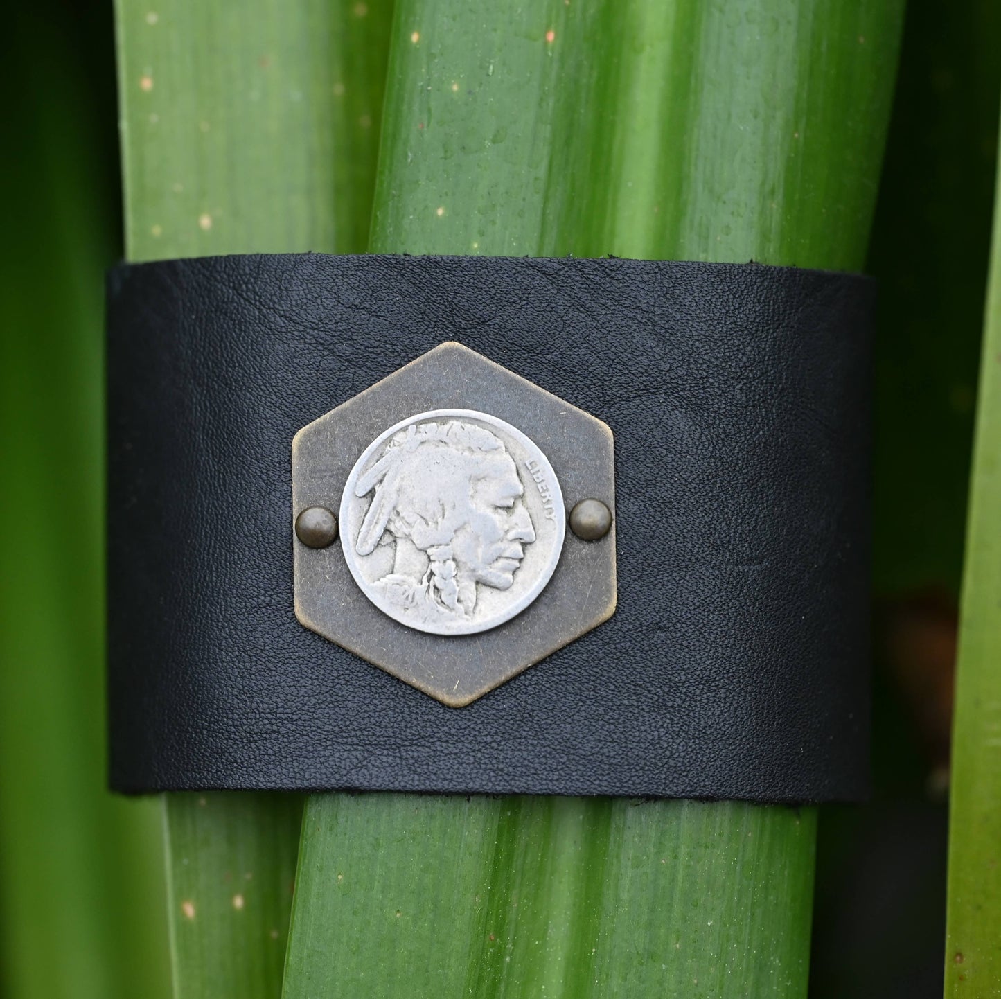 Unisex 2" Black Leather  Cuff  w/ Antique One of a Kind Coin