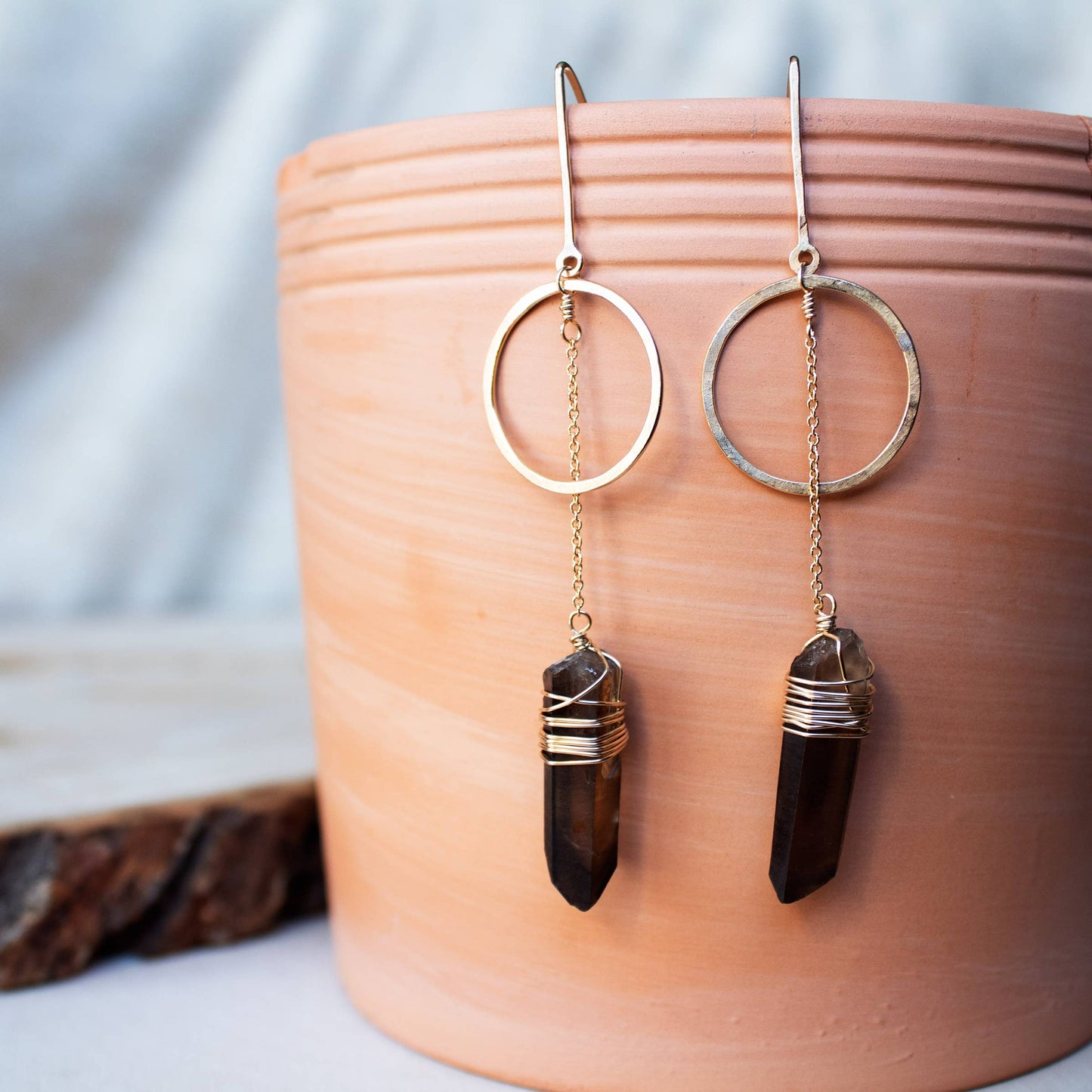 Smoky Quartz Full Moon Earrings 14k Gold Filled