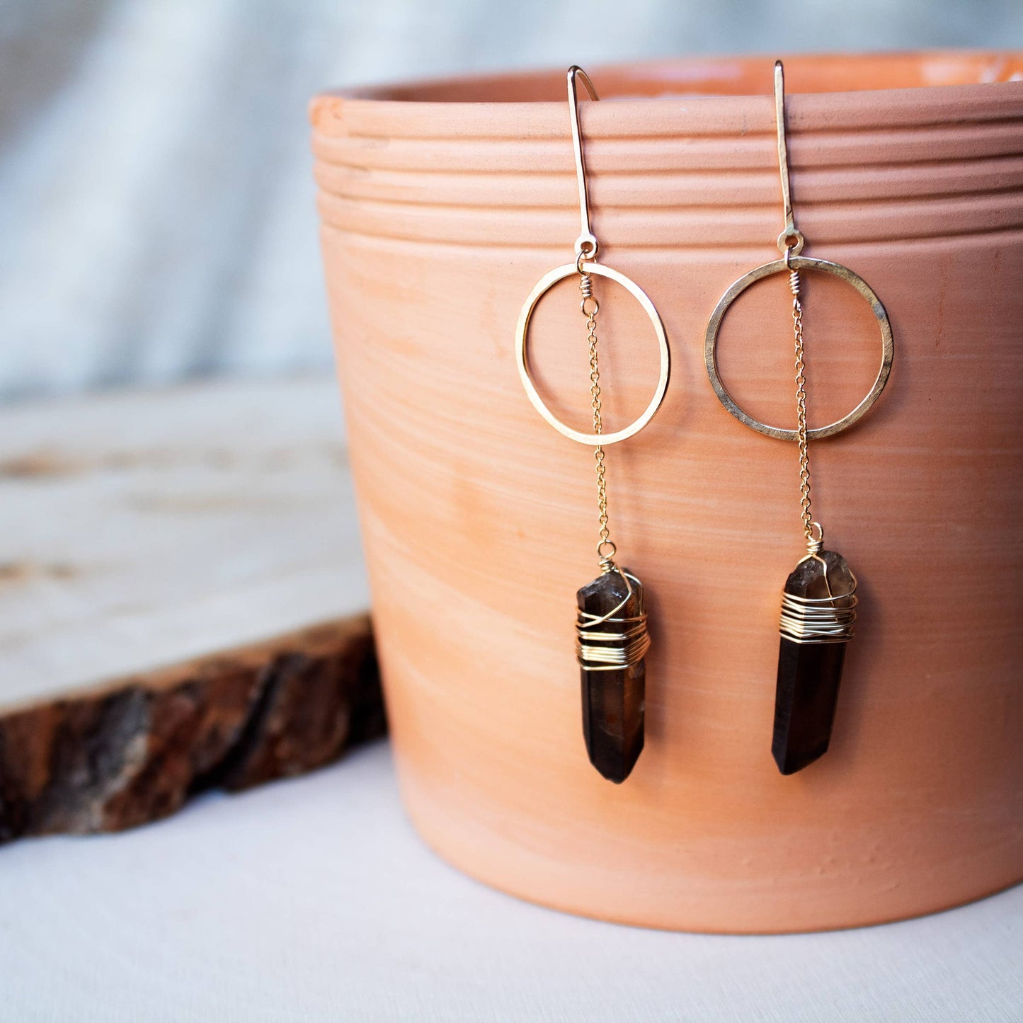 Smoky Quartz Full Moon Earrings 14k Gold Filled