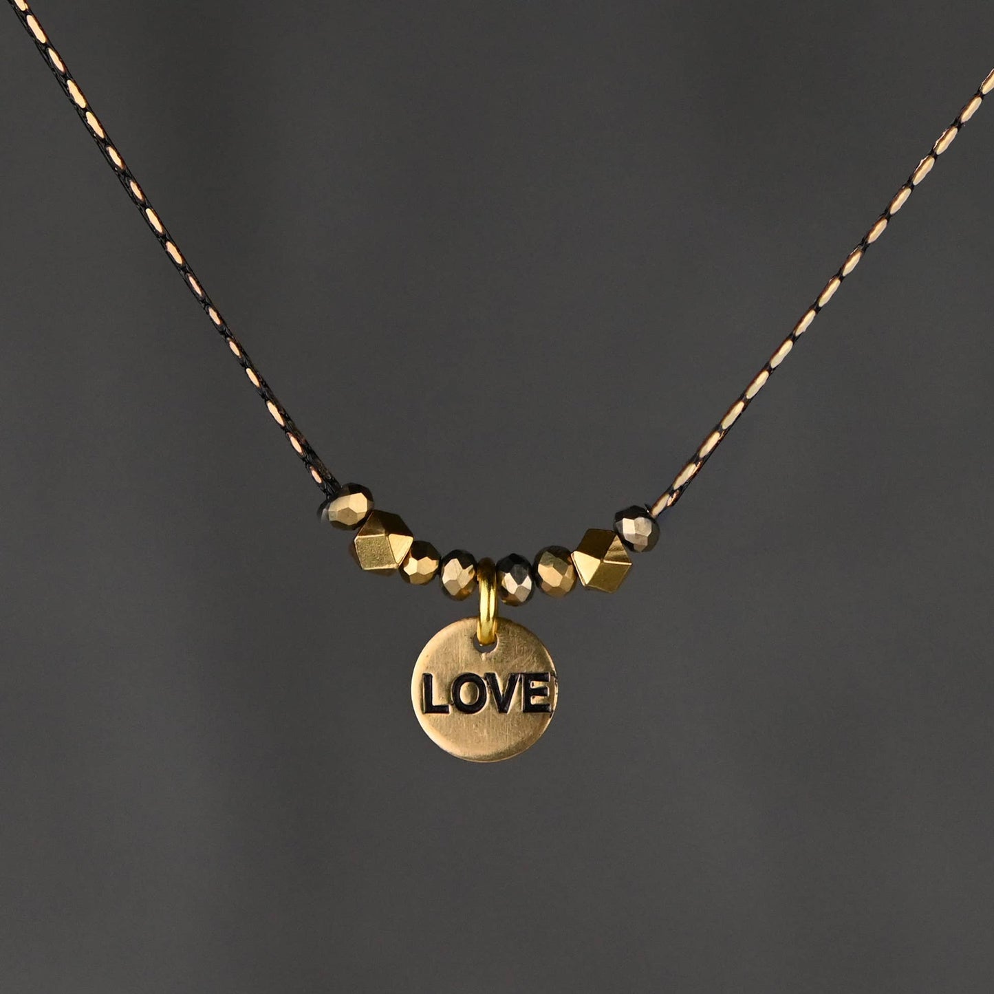 Delicate Beaded Stamped Love w/ Gold Crystals Necklace