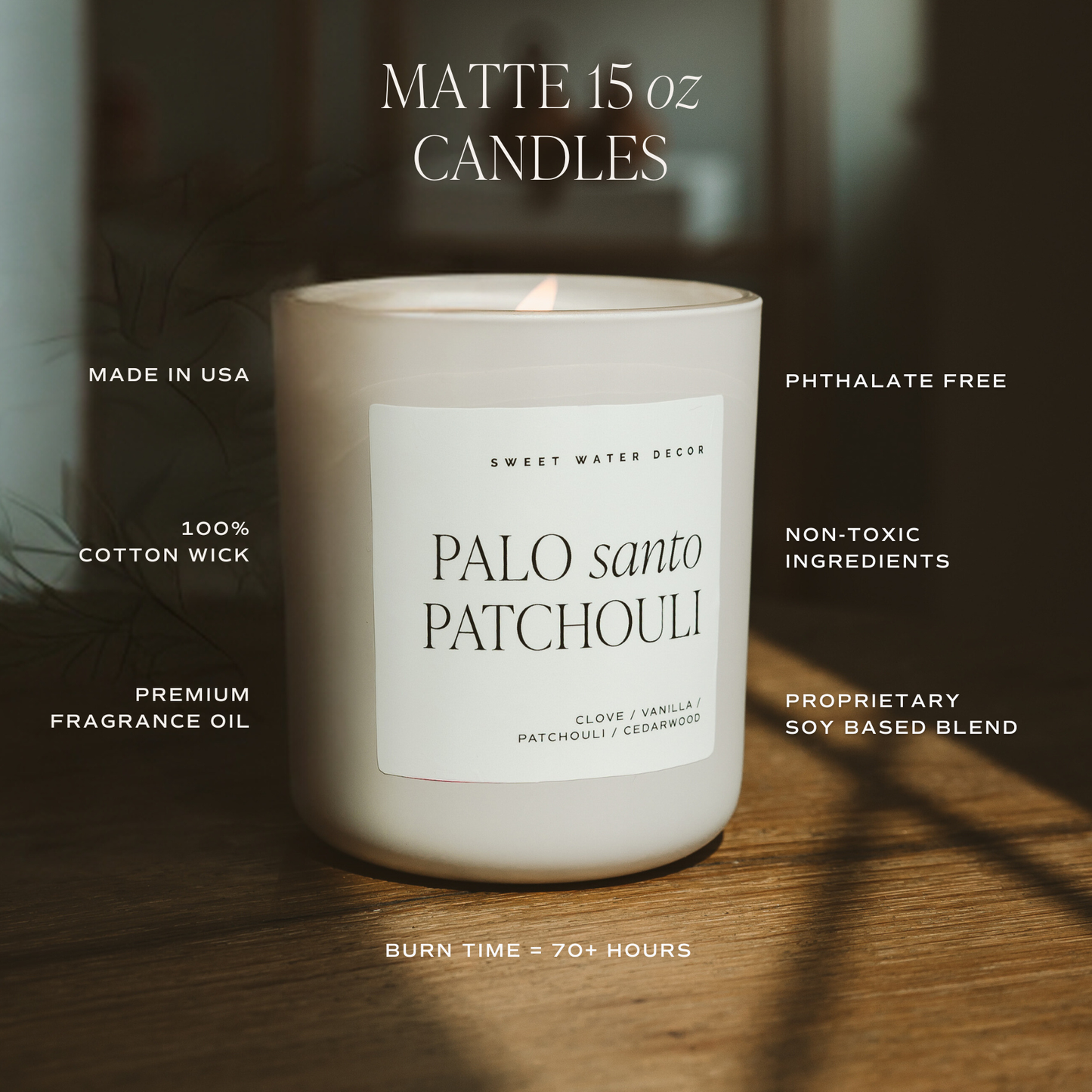 Palo Santo Patchouli 15 oz Soy Candle, Matte Jar- Home Decor