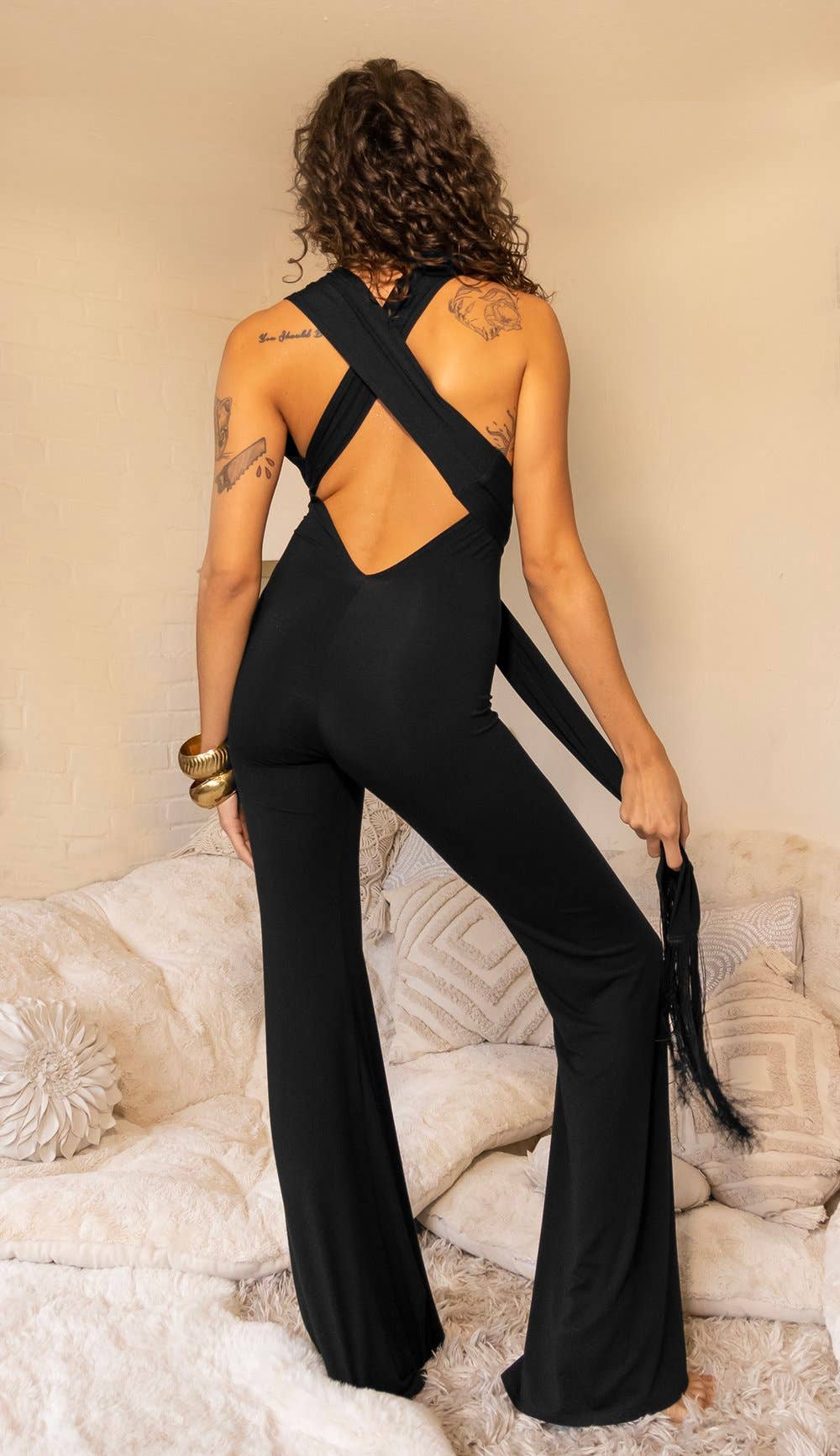 THE BELLE JUMPSUIT - BLACK FRINGE: M