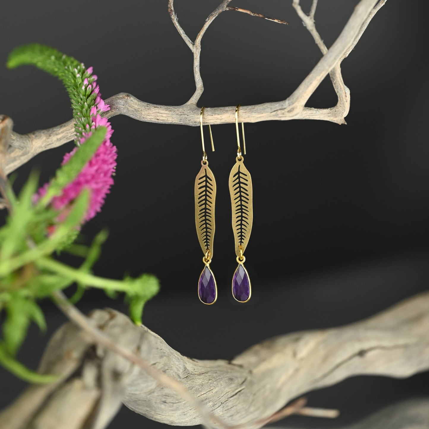 Leaf w/ Semi Precious Tear Drop Earrings