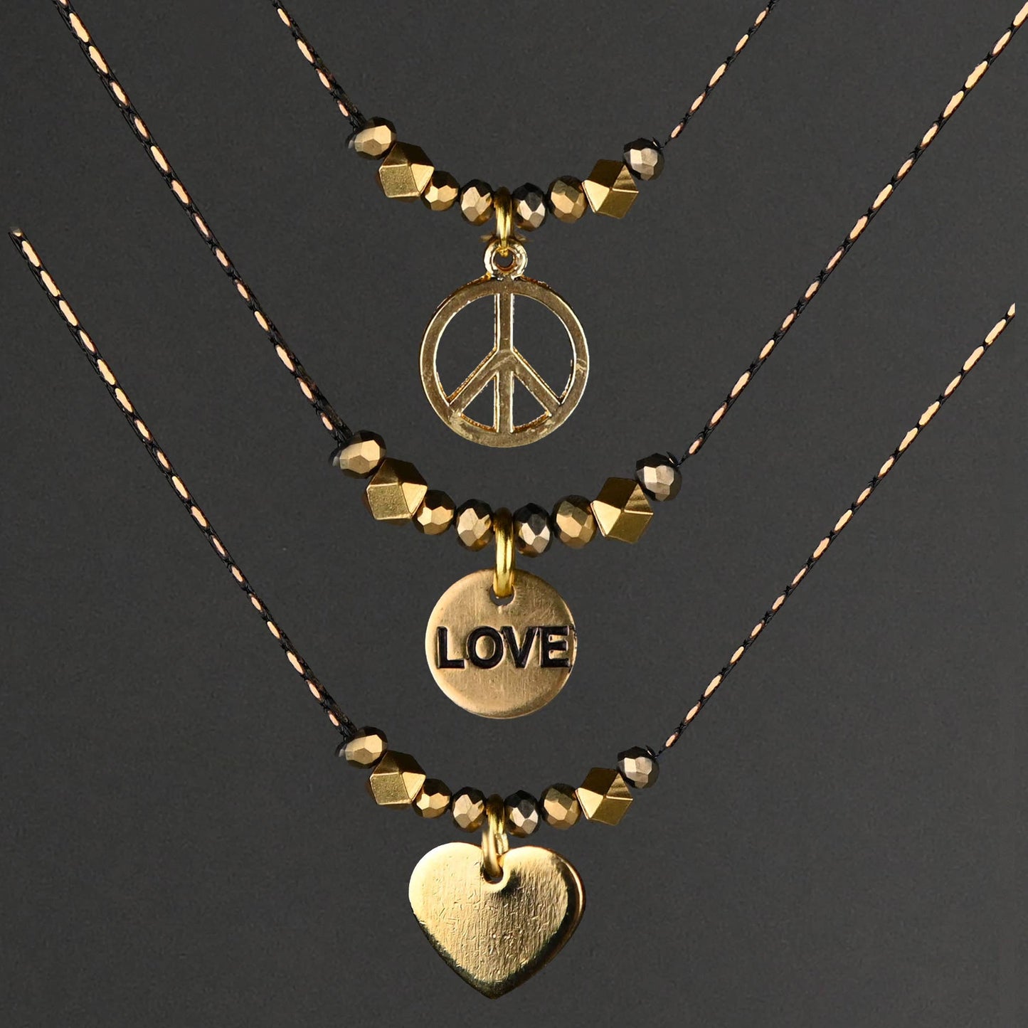 Delicate Beaded Stamped Love w/ Gold Crystals Necklace