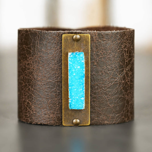 2" Leather Cuff w/ Turquoise Druzy - Soft Brown Distress