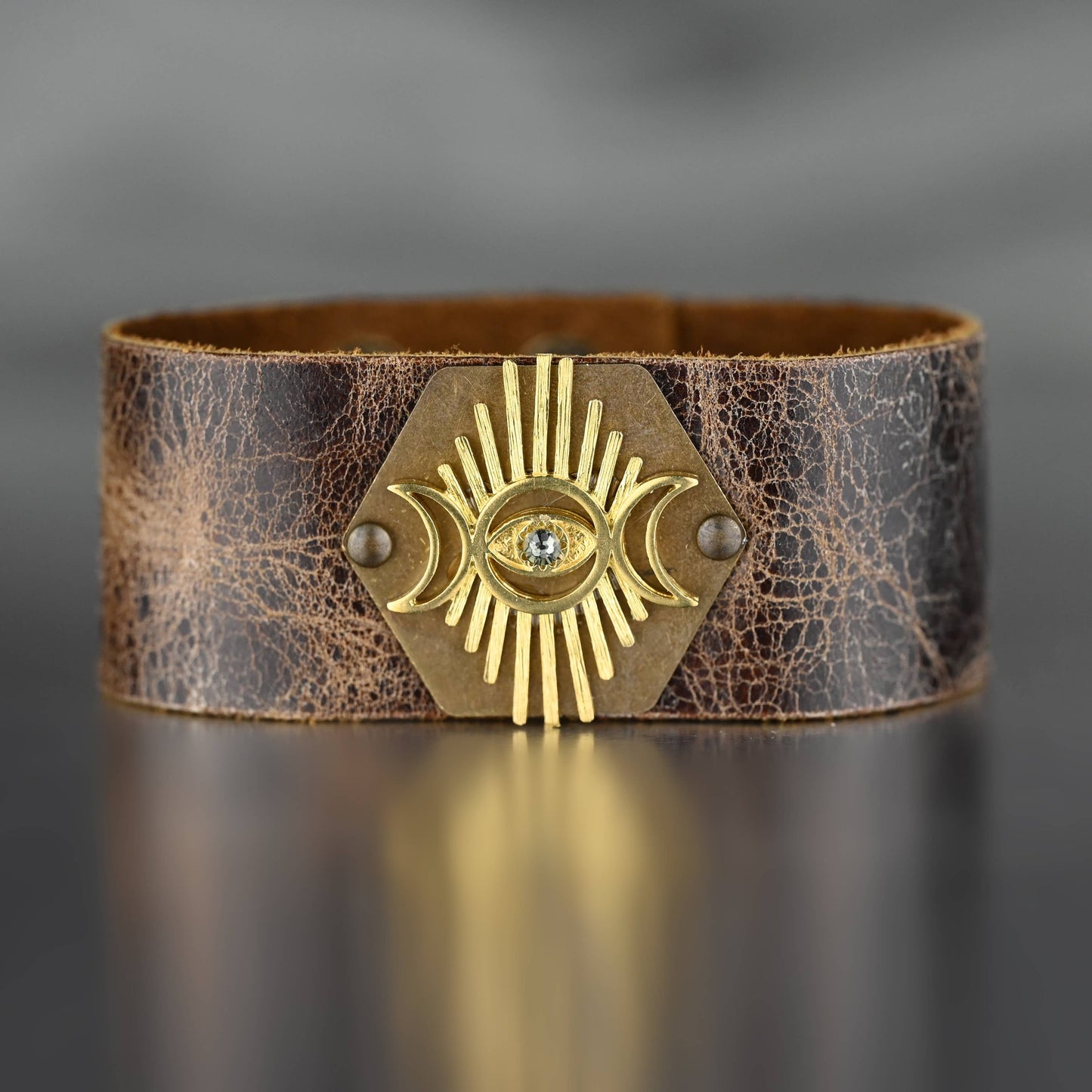 Midsize Cuff w/ Eye Moon & Stone (Weathered Brown Leather)