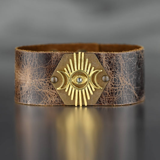 Midsize Cuff w/ Eye Moon & Stone (Weathered Brown Leather)