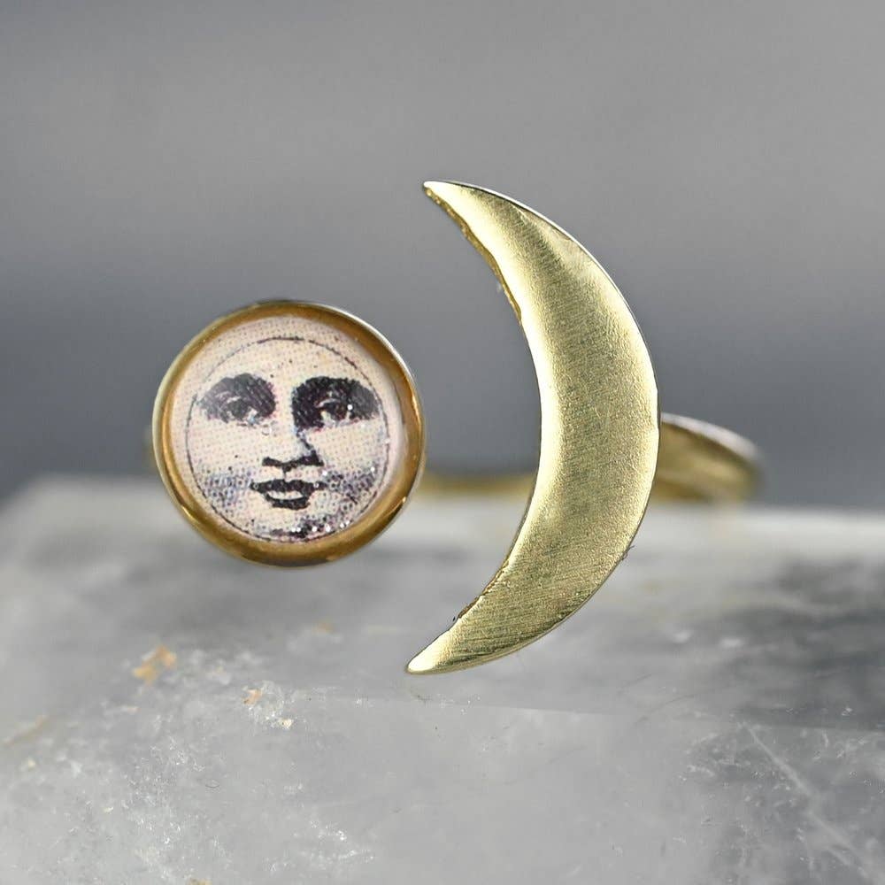 Adjustable Brass Ring w/ Picture and Moon Sliver (Choose)