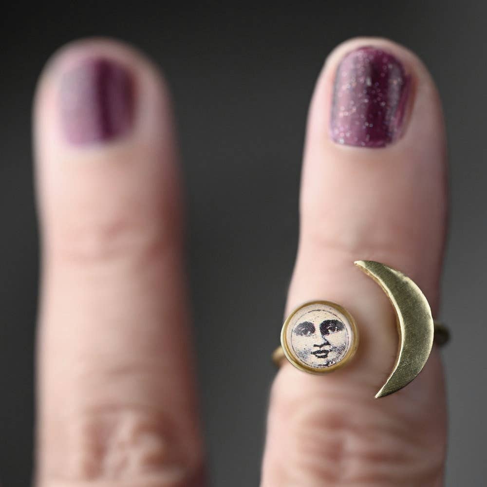 Adjustable Brass Ring w/ Picture and Moon Sliver (Choose)