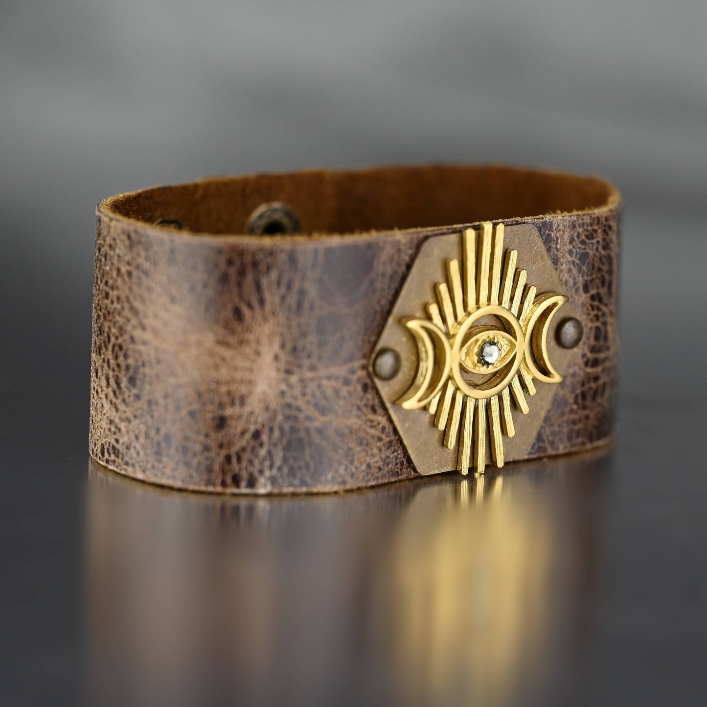 Midsize Cuff w/ Eye Moon & Stone (Weathered Brown Leather)